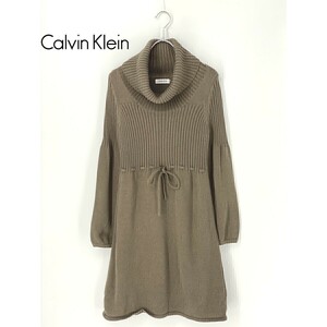 A8399/美品 春夏 Calvin Klein カルバン・クライン タートルネック Aライン 長袖 リブ ニット 膝丈 ワンピース M ベージュ/レディース