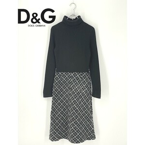 A8268/春夏 DOLCE&GABBANA ドルチェアンドガッバーナ D&G 長袖 ニット ミモレ丈 膝丈 ワンピース ツイード 26/40 M程 黒/レディース