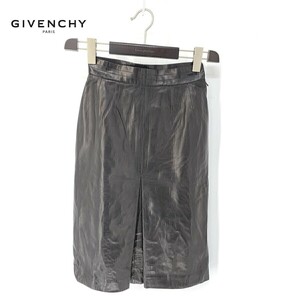 A6148/美品 秋冬 GIVENCHY BOUTIQUE ジバンシー おしゃれ デザイン 本革 レザー プリーツ タイト 膝丈 スカート 黒/フランス製 レディース