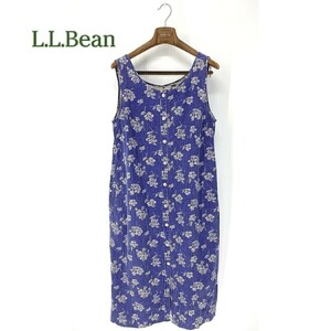 A6055/極美品 春夏 L.L.Bean エルエルビーン リネン コットン 花柄 総柄 ボタンダウン シャツ ミモレ丈 ワンピース 青 白/レディース