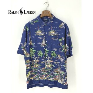 A7936/極美品 春夏 POLO RALPH LAUREN ポロ・ラルフローレン レーヨン 総柄 船 半袖 開襟 カジュアル アロハシャツ L 青/メンズ ハワイアン