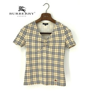 A6959/美品 春夏 BURBERRY LONDON バーバリーロンドン コットン ノバチェック 半袖 ギャザー カットソー Tシャツ 1 ベージュ/レディース