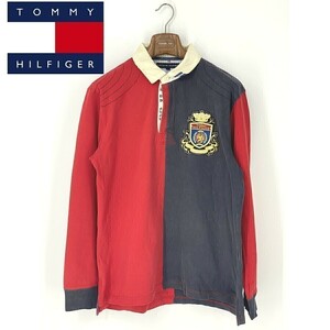 A8006/訳あり 春夏 TOMMY HILFIGER トミーヒルフィガー ラガー ワッペン 長袖 ポロシャツ Tシャツ カットソー L バイカラー 赤/メンズ