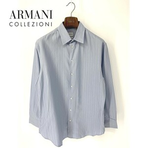 A5975/美品 春夏 薄手 ARMANI COLLEZIONI アルマーニ コットン ストライプ 長袖 カッター Yシャツ 43/17 青/メンズ スーツ用 ビジネス