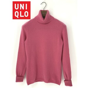 A9144/極美品 春夏 UNIQLO ユニクロ カシミヤ100% 無地 長袖 タートルネック ニット リブ セーター L ピンク レディース カーディガン