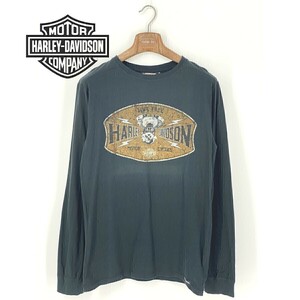 A8390/春夏 Harley Davidson ハーレー・ダビッドソン コットン 丸首 デカロゴ プリント 長袖 Tシャツ カットソー S 黒/メンズ バイク