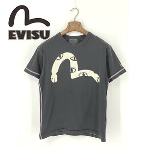 A8379/美品 春夏 EVISU エヴィス コットン クルーネック 大カモメ ビッグプリント ロゴ刺繍 半袖 Tシャツ カットソー 38 L程 灰色/メンズ