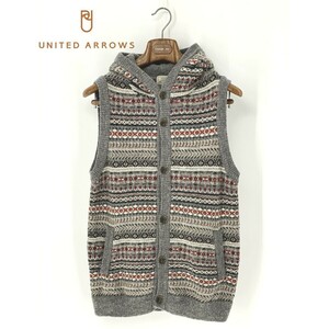 A9083/ ultimate beautiful goods spring summer UNITED ARROWS United Arrows wool no sleeve race pattern hood knitted cardigan Parker S grey men's 