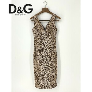 A7734/極美品 春夏 DOLCE&GABBANA ドルガバ D&G レオパード ヒョウ柄 ノースリーブ ロング ミモレ丈 ワンピース 24/38 L程 茶/レディース