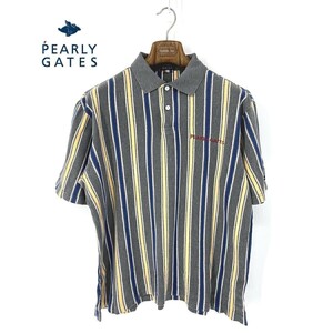 A6557/極美品 春夏 PEARLY GATES パーリーゲイツ ストライプ 胸ロゴ刺繍 半袖 カットソー Tシャツ ポロシャツ L 灰色/日本製 メンズ ゴルフ
