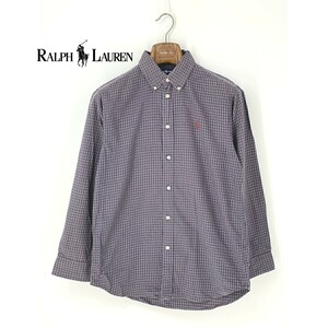 A8051/極美品 春夏 POLO RALPH LAUREN ポロ ラルフローレン コットン ボタンダウン チェック 長袖 カジュアル シャツ 170 M 紺/メンズ