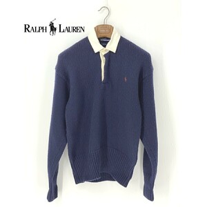 A8621/ビンテージ 90s 春夏 POLO RALPH LAUREN ポロ・ラルフローレン 厚手ウール 長袖 ヘンリーネック ニット リブ セーター M 紺 メンズ