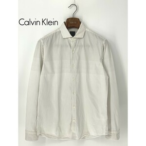 A9171/美品 春夏 Calvin Klein カルバンクライン コットン 長袖 ショートカラー ストライプ ドレス カッター Yシャツ L 白 メンズ ビジネス