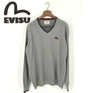 A8385/極美品 春夏 EVISU エヴィス コットン Vネック カモメ ロゴ 長袖 ニット リブ セーター XXL 灰色/イタリア製 メンズ カーディガン