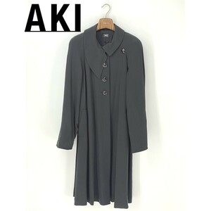 A9075/極美品 春夏 aki アキ シルク100% 長袖 シャツ ロング マキシ丈 ドレス ワンピース コート XL程 黒 レディース フォーマル 冠婚葬祭