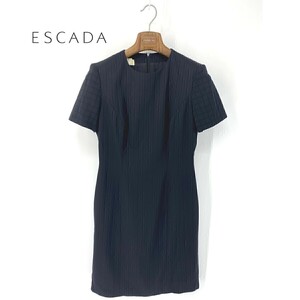 A6083/美品 春夏 ESCADA エスカーダ レーヨン100% ストライプ 半袖 ドレス タイト ミモレ丈 膝丈 ワンピース 36 黒/ドイツ製 レディース