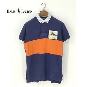 A7696/美品 春夏 RALPH LAUREN ラルフローレン コットン 半袖 Tシャツ ラガー ポロシャツ カットソー M 175/96A 紺 バイカラー/メンズ