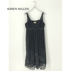 A8128/極美品 春夏 KAREN MILLEN カレンミレン シルク リボン ビジュー装飾 ノースリーブ 膝丈 ドレス ワンピース US10 XL程 黒/レディース