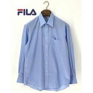 A8674/極美品 春夏 FILA フィラ コットン 長袖 無地 胸ロゴ刺繍 ドレス カッター Yシャツ L 84 水色 日本製 メンズ ビジネス スーツ用