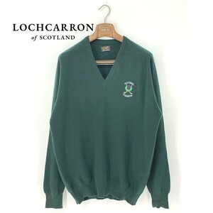 A8635/極美品 春夏 Lochcarron ロキャロン カシミヤ100% 長袖 Vネック 胸ロゴ刺繍 ニット リブ セーター XL程 緑 スコットランド製 メンズ