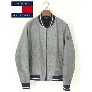 A9046/美品 春夏 TOMMY HILFIGER トミーヒルフィガー 長袖 ノーカラー 胸ロゴ刺繍 ワッペン 裏フリース ブルゾン ジャケット M 灰色 メンズ