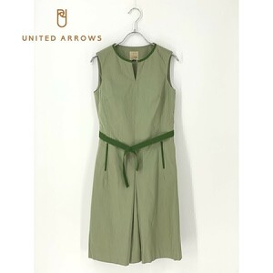 A7694/春夏 UNITED ARROWS ユナイテッドアローズ コットン ストライプ プリーツ フレア ノースリーブ 膝丈 ワンピース36 M程 緑/レディース