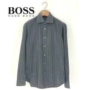 A8487/春夏 HUGO BOSS ヒューゴ・ボス コットン ワイドカラ― ストライプ 長袖 ドレス カッター Yシャツ M 39/40 黒/メンズ スーツ用