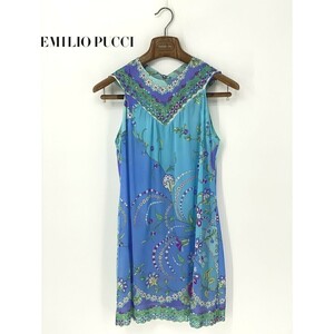 A8955/美品 春夏 EMILIO PUCCI エミリオプッチ ノースリーブ ボタニカル 花柄 チュニック ミニ ワンピース S程 水色 紫 USA製 レディース