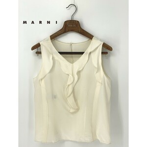 A8932/訳あり 春夏 MARNI マルニ シルク100% ノースリーブ フリル Vネック Tシャツ カットソー ブラウス 38 S程 クリーム色 レディース