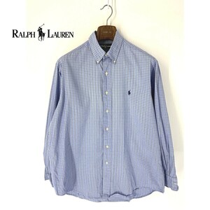 A6276/美品 春夏 RALPH LAUREN ラルフローレン コットン チェック 長袖 カジュアル カッター Yシャツ 41-84 青/メンズ スーツ用 ビジネス