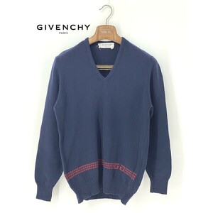 A8768/ビンテージ 極美品 春夏 GIVENCHY ジバンシィ ウール 長袖 Vネック ロゴ ニット セーター 3 M程 紺 フランス製 メンズ カーディガン