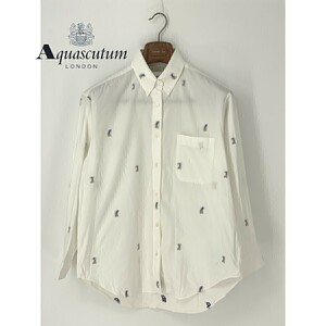 A8073/極美品 春夏 Aquascutum アクアスキュータム コットン 総柄 ボタンダウン 長袖 ドレス カットソー Yシャツ L程 白/メンズ ゴルフ