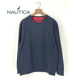 A7960/極美品 春夏 NAUTICA ノーティカ コットン 無地 胸ロゴ刺繍 裏起毛 丸首 長袖 スウェット トレーナー ロンT Tシャツ XL 紺/メンズ