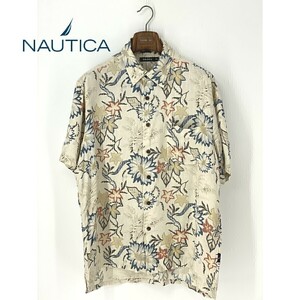 A7943/美品 春夏 NAUTICA ノーティカ シルク100% 総柄 花柄 半袖 サマー カジュアル アロハシャツ Yシャツ XL 灰色/メンズ ハワイアン