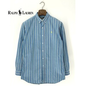 A8563/ 90s 春夏 POLO RALPH LAUREN ポロ・ラルフローレン コットン 長袖 ストライプ ボタンダウン カジュアル シャツ 170 L程 水色/メンズ