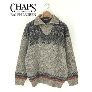 A9055/極美品 春夏 CHAPS RALPH LAUREN ラルフローレン ウール 長袖 民族柄 タートルネック ニット リブ セーター 2L 灰色 メンズ 日登美