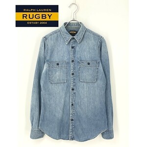 A8832/春夏 RALPH LAUREN RUGBY ラルフローレンラグビー コットン 長袖 ウエスタン ワーク デニム シャツ 6 M程 水色 インディゴ メンズ