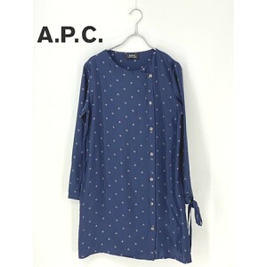 A7783/美品 春夏 A.P.C アーペーセー シルク100% ベルト付き 変形 花柄 総柄 ドット柄 長袖 ミニ チュニック ワンピース S 紺/レディース