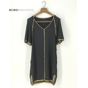 A7774/美品 春夏 BCBG MAXAZRIA マックスアズリア シルク ゴールド シースルー レース 半袖 ドレス 膝丈 ワンピース L程 黒/レディース