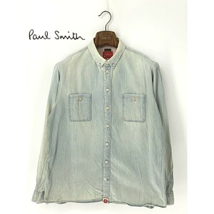 A8757/美品 春夏 Paul Smith JEANS ポールスミスジーンズ コットン 長袖 ボタンダウン デニム カジュアル シャツ M インディゴ 水色 メンズ