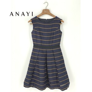 A8308/ beautiful goods spring summer ANAYI Anayi border crew neck pleat flair A line no sleeve knees height One-piece 36 S degree navy blue / lady's 