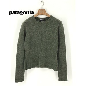 A8261/極美品 春夏 patagonia パタゴニア ウール 丸首 長袖 リブ ニット セーター カットソー M 緑/レディース カーディガン アウトドア