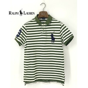 A8976/春夏 POLO RALPH LAUREN ポロ・ラルフローレン コットン 半袖 ボーダー ビッグポニー ポロシャツ Tシャツ カットソー M 緑 白 メンズ