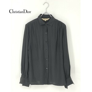 A7672/ Vintage spring summer thin Christian Dior Christian Dior silk 100% Logo total pattern long sleeve dress shirt blouse L black / lady's 