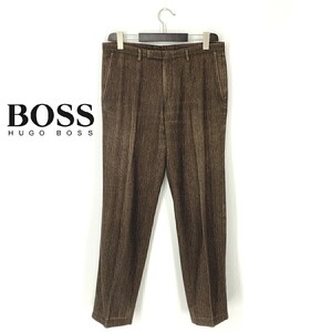 A7651/美品 秋冬 HUGO BOSS ヒューゴボス 起毛 テーパード スラックス タック パンツ トラウザーズ L程 茶/メンズ スーツ用 ビジネス