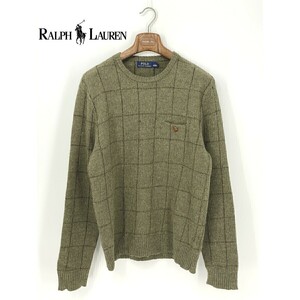 A8869/極美品 春夏 POLO RALPH LAUREN ラルフローレン ウール 山羊革 長袖 チェック エルボパッチ くるみ釦 ニット セーター L 緑 メンズ