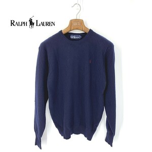 A6465/極美品 春夏 RALPH LAUREN ラルフローレン ウール 無地 ポニー刺繍 丸首 長袖 ニット リブ セーター L 紺/レディース カーディガン