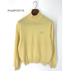 A6396/ beautiful goods spring summer PIA SPORTS Piasports cashmere 100%. Logo embroidery high‐necked long sleeve knitted rib sweater L degree yellow color / men's Leica made 