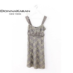 A3421/美品 春夏 DKNY DONNA KARAN ダナキャラン シルク 花柄 総柄 刺繍 膝丈 ミモレ丈 ドレス ワンピース 2 灰色 ゴールド/レディース