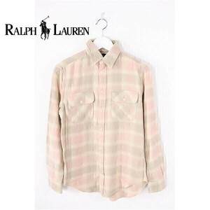 A3900/極美品 春夏 POLO RALPH LAUREN ラルフローレン 上質ウール チェック 長袖 カジュアル ウエスタンシャツ XS 155/80A ピンク/メンズ